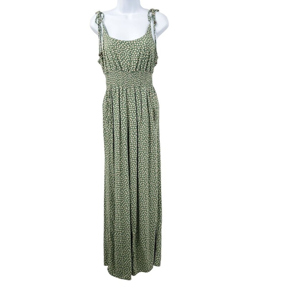 American Eagle Green Floral Smocked Tie Shoulder Sleeveless Jumpsuit Cottagecore - Picture 5 of 11